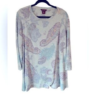 Multiples Gray Purple Paisley Jersey Knit Tunic Top 3/4 Sleeves Women Size L